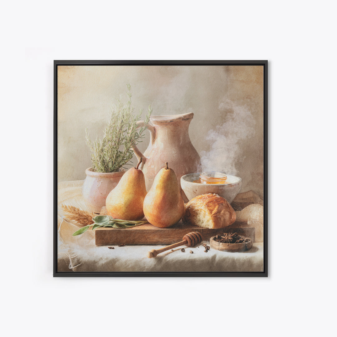 Farmhouse Pears on a Wooden Board Framed Canvas Print, Kitchen Art, Statement Artwork, Kitchen Decor, Abstract Art, Kitchen, KIT-1x1-57