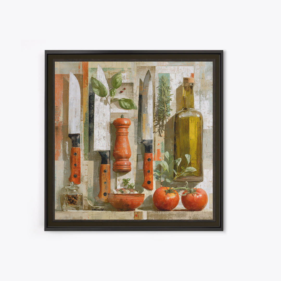 Chef Knives and Herbs Arranged as Graphic Framed Canvas Print, Kitchen Art, Kitchen Print, Kitchen Decor, Watercolor Art, KIT-1x1-58