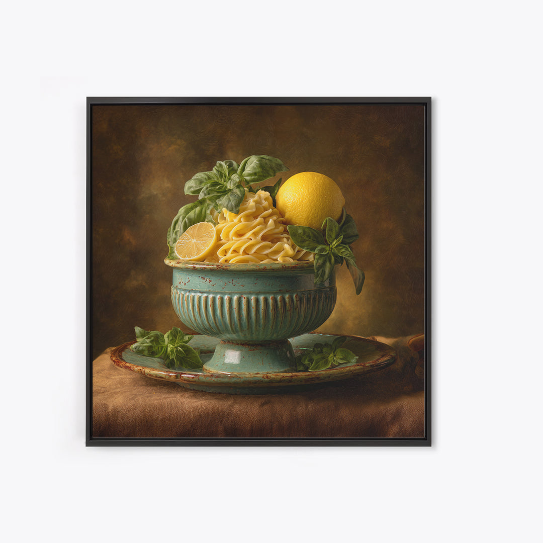 Pasta Lemons and Basil Mediterranean Still Life Framed Canvas Print, Kitchen Art, Gallery Decor, Kitchen Decor, Kitchen, KIT-1x1-65