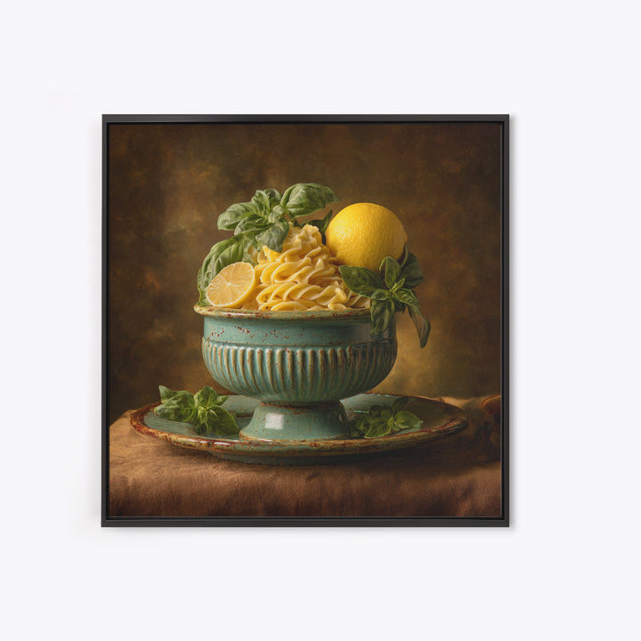 Pasta Lemons and Basil Mediterranean Still Life Framed Canvas Print, Kitchen Art, Gallery Decor, Kitchen Decor, Kitchen, KIT-1x1-65