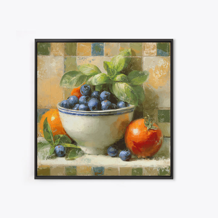 Blueberries in a White Bowl Framed Canvas Print, Kitchen Art, Gallery Decor, Kitchen Decor, Fine Art, Kitchen, Contemporary Art, KIT-1x1-67