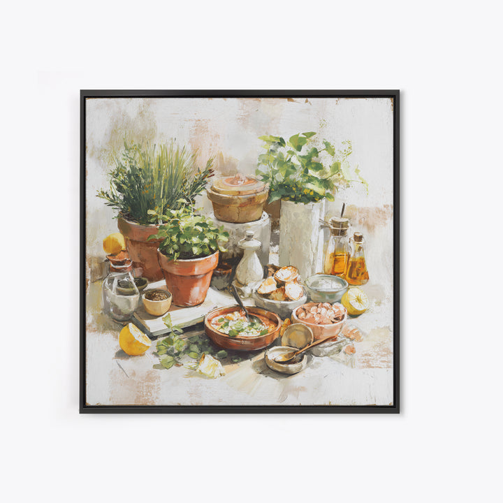 Fresh Herbs in Terracotta Pots Framed Canvas Print, Kitchen Art, Art Print, Kitchen Decor, Watercolor Art, Kitchen, Art Prints, KIT-1x1-73