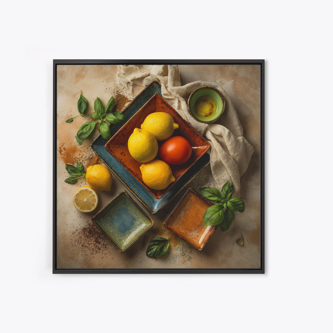 Lemons and Blue Ceramic Bowl Still Life Framed Canvas Print, Kitchen Art, Bar Cart Decor, Kitchen Decor, Fine Art, Kitchen, KIT-1x1-74