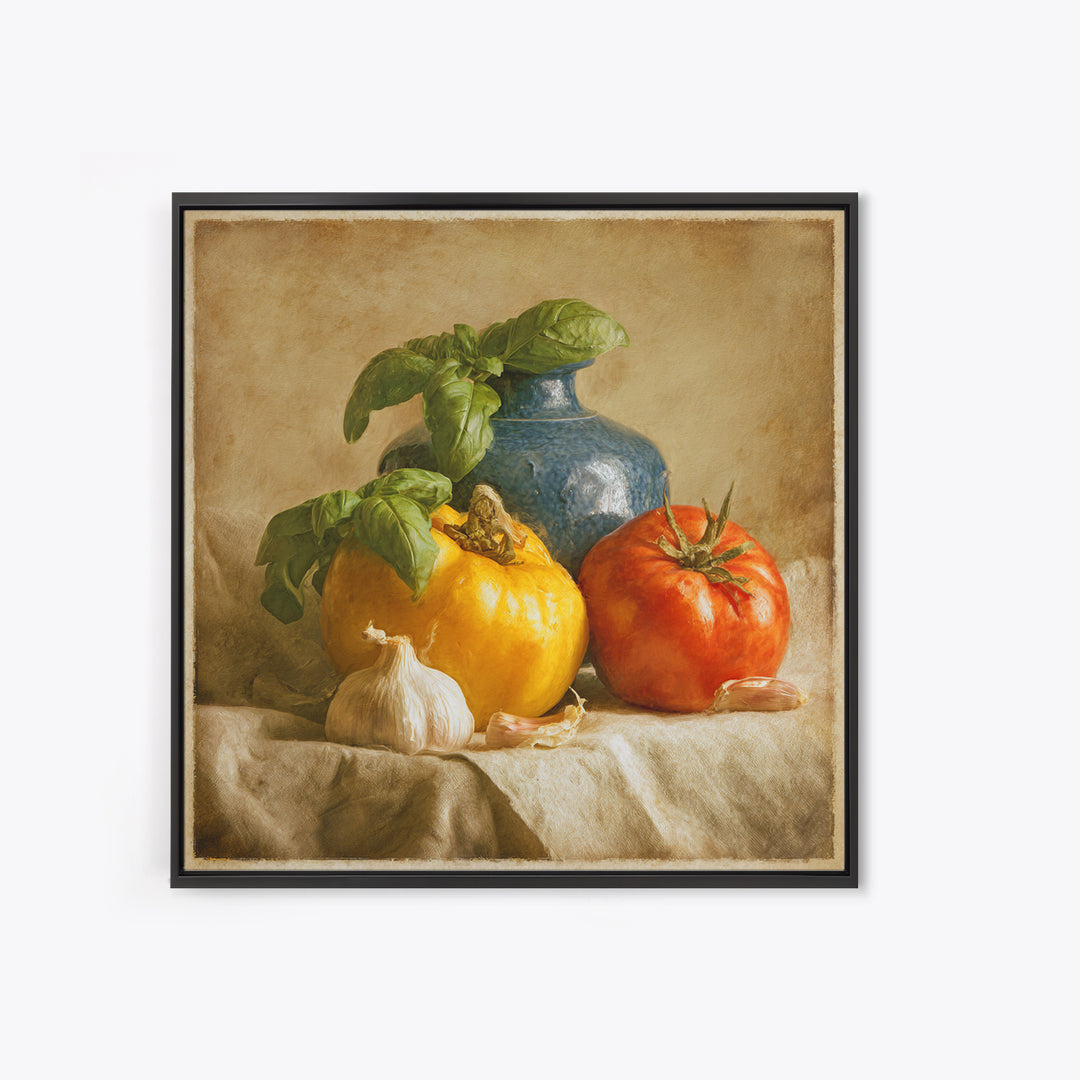 Tomatoes Garlic and Basil on Linen Canvas Print, Kitchen Art, Modern Decor, Kitchen Decor, Abstract Art, Kitchen, Home Decor, KIT-1x1-75