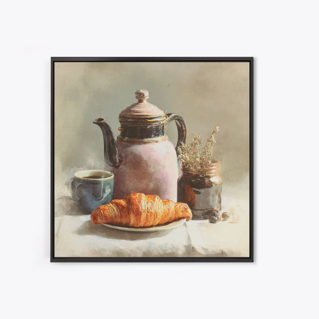 Coffee Pot and Croissant Morning Still Life Framed Canvas Print, Kitchen Art, Fine Art Print, Kitchen Decor, Oil Painting, KIT-1x1-79