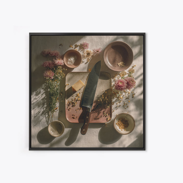 Chef Knives and Herbs Arranged as Graphic Canvas Print, Kitchen Art, Neutral Decor, Kitchen Decor, Oil Painting, Kitchen, KIT-1x1-82