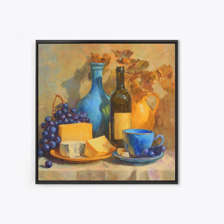 Wine Bottle Grapes and Cheese Still Life Framed Canvas Print, Kitchen Art, Kitchen Print, Kitchen Decor, Abstract Art, Kitchen, KIT-1x1-84