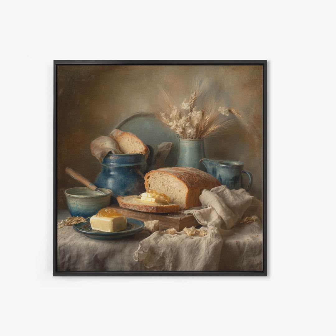 Fresh Bread with Butter and Honey Canvas Print, Kitchen Art, Coffee Print, Kitchen Decor, Fine Art, Kitchen, Textured Painting, KIT-1x1-90