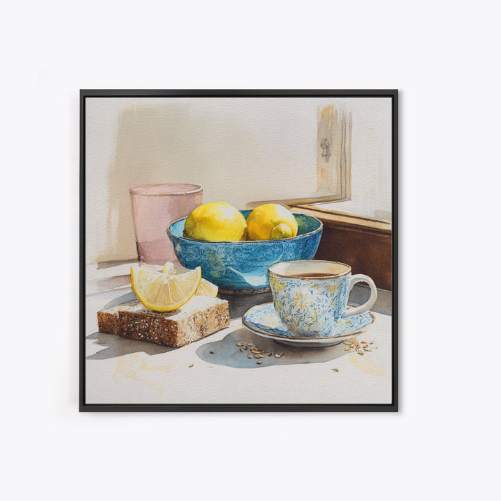 Lemons and Blue Ceramic Bowl Still Life Canvas Print, Kitchen Art, Boho Decor, Kitchen Decor, Fine Art, Kitchen, Wall Decor, KIT-1x1-98