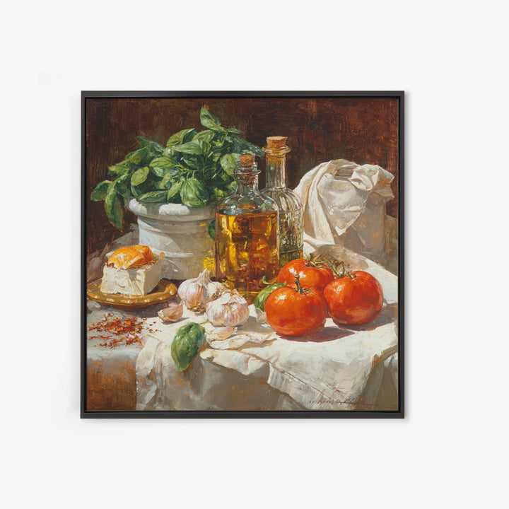 Tomatoes Garlic and Basil on Linen Canvas Print, Kitchen Art, Wall Art, Kitchen Decor, Fine Art, Kitchen, Kitchen Wall Art, KIT-1x1-99