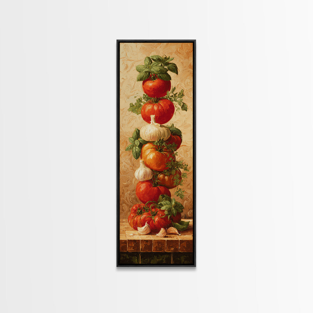 Tomatoes Garlic and Basil on Linen Framed Canvas Print, Kitchen Art, Home Decor, Kitchen Decor, Fine Art, Kitchen, KIT-1x3-15