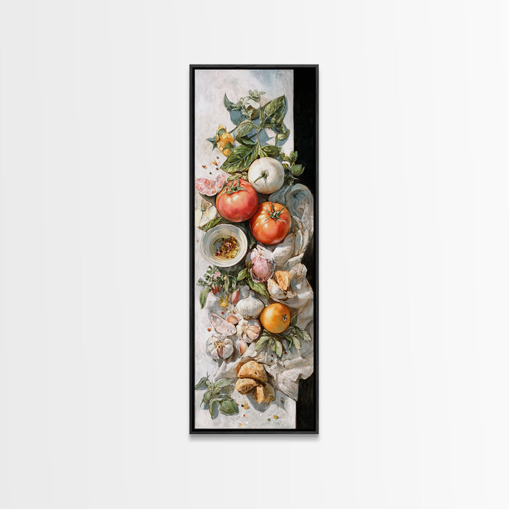 Tomatoes Garlic and Basil on Linen Canvas Print, Kitchen Art, Art Prints, Kitchen Decor, Fine Art, Kitchen, Modern Art, KIT-1x3-39