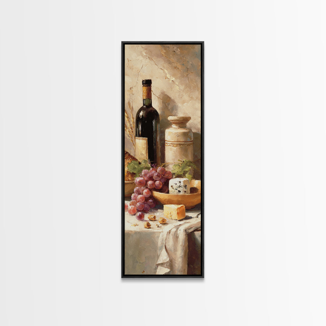 Wine Bottle Grapes and Cheese Still Life Canvas Print, Kitchen Art, Wall Art, Kitchen Decor, Watercolor Art, Kitchen, KIT-1x3-48