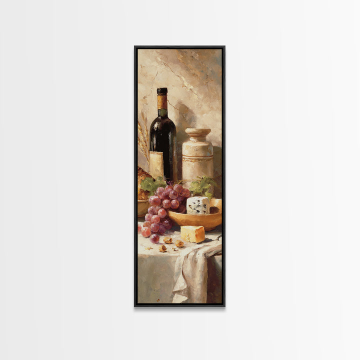 Wine Bottle Grapes and Cheese Still Life Canvas Print, Kitchen Art, Wall Art, Kitchen Decor, Watercolor Art, Kitchen, KIT-1x3-48
