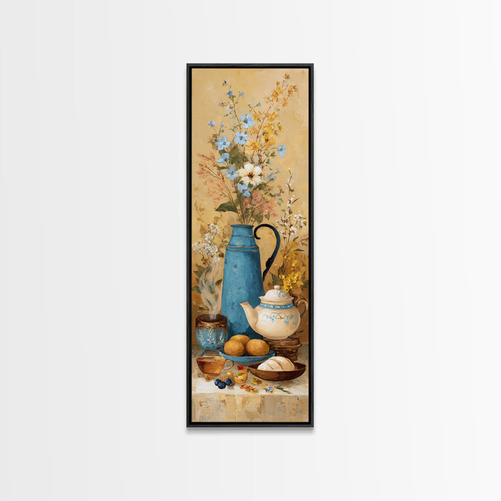 Tea Kettle with Steam and Wildflowers Framed Canvas Print, Kitchen Art, Kitchen Art Print, Kitchen Decor, Watercolor Art, KIT-1x3-50