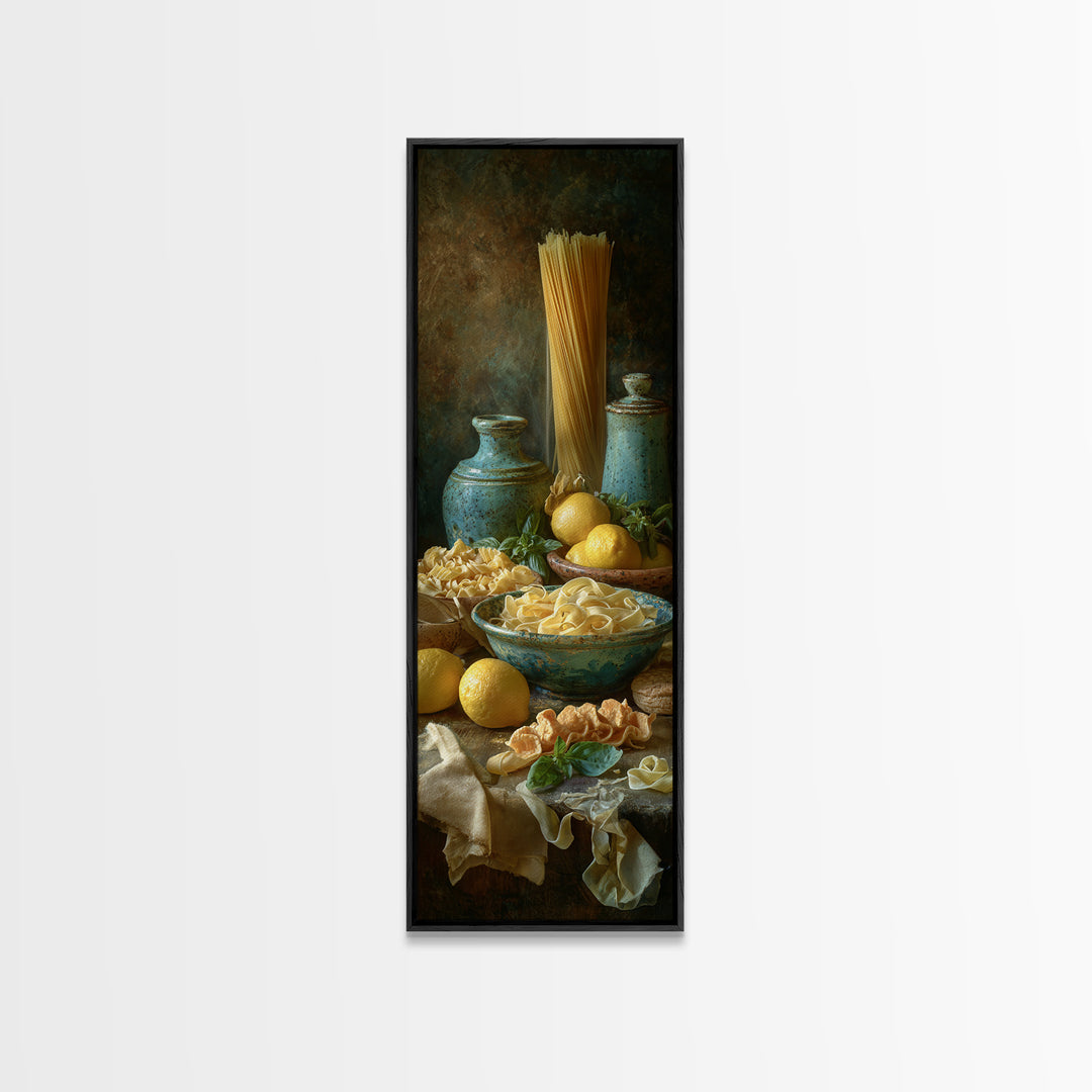 Pasta Lemons and Basil Mediterranean Still Life Framed Canvas Print, Kitchen Art, Modern Decor, Kitchen Decor, Kitchen, KIT-1x3-53