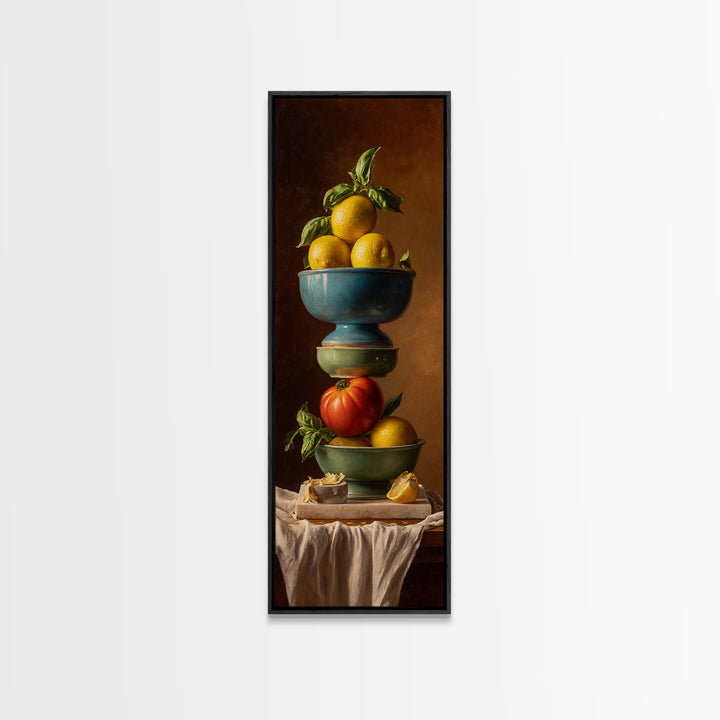 Lemons and Blue Ceramic Bowl Still Life Framed Canvas Print, Kitchen Art, Neutral Decor, Kitchen Decor, Fine Art, Kitchen, KIT-1x3-62