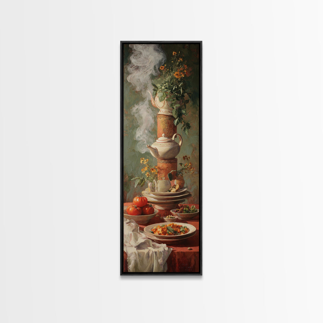 Tea Kettle with Steam and Wildflowers Framed Canvas Print, Kitchen Art, Kitchen Art Print, Kitchen Decor, Watercolor Art, KIT-1x3-74
