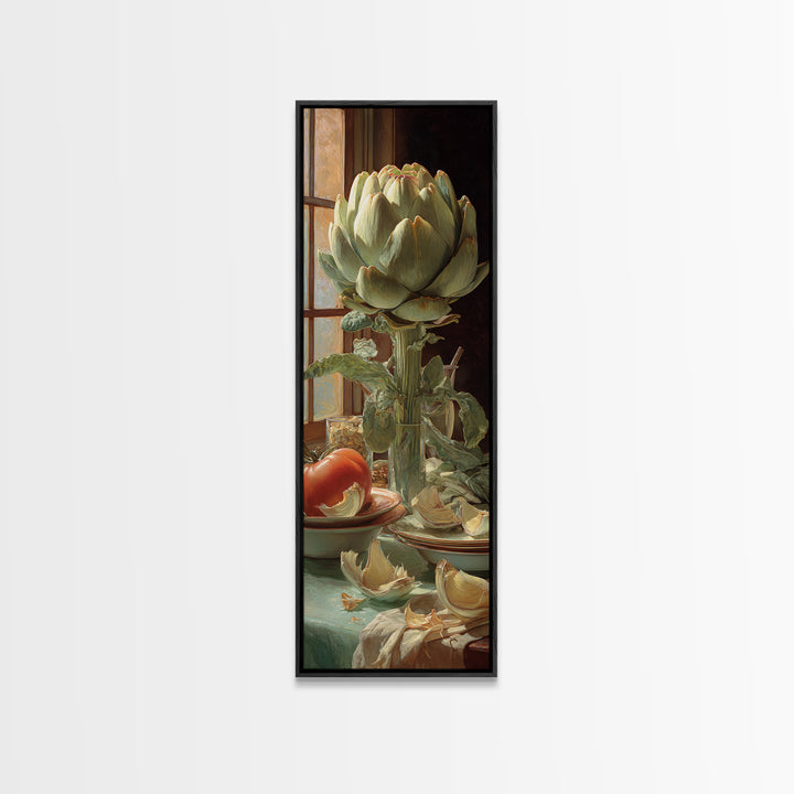 Artichoke Closeup in Painterly Green Tones Framed Canvas Print, Kitchen Art, Statement Artwork, Kitchen Decor, Kitchen, KIT-1x3-8