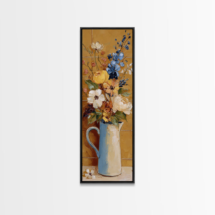 Floral Bouquet in a Kitchen Pitcher Framed Canvas Print, Kitchen Art, Printable Wall Art, Kitchen Decor, Oil Painting, Kitchen, KIT-1x3-84