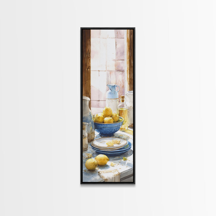 Lemons and Blue Ceramic Bowl Still Life Canvas Print, Kitchen Art, Luxury Decor, Kitchen Decor, Fine Art, Kitchen, Art Prints, KIT-1x3-86