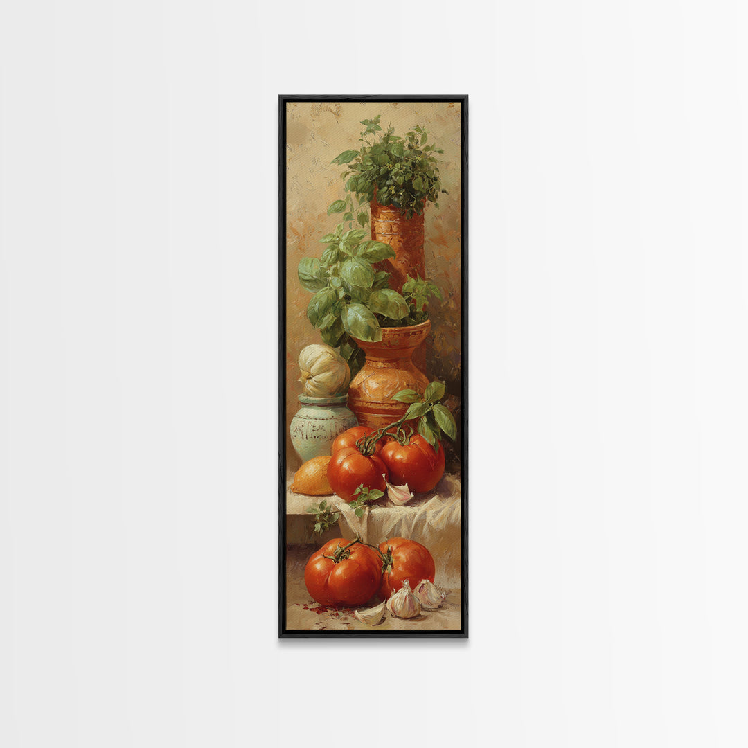 Tomatoes Garlic and Basil on Linen Framed Canvas Print, Kitchen Art, Trendy Wall Art, Kitchen Decor, Abstract Art, Kitchen, KIT-1x3-87