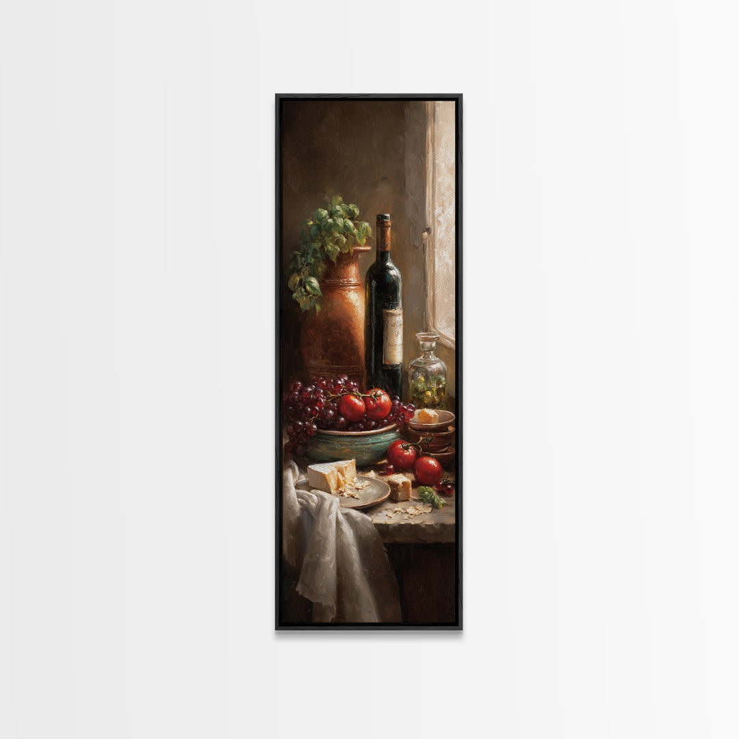 Wine Bottle Grapes and Cheese Still Life Framed Canvas Print, Kitchen Art, Kitchen Wall Decor, Kitchen Decor, Abstract Art, KIT-1x3-96
