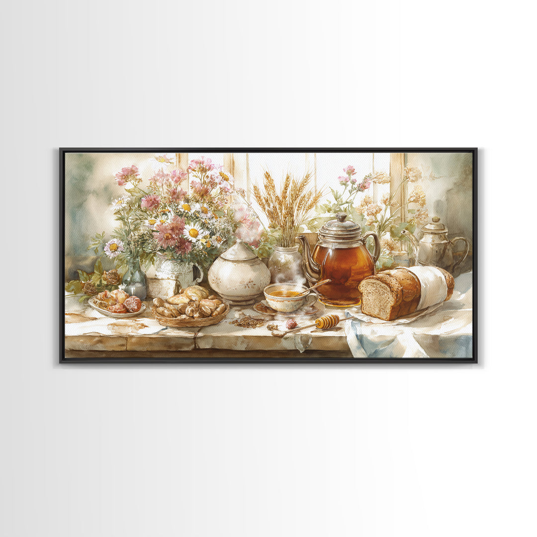 Tea Kettle with Steam and Wildflowers Framed Canvas Print, Kitchen Art, Art Print, Kitchen Decor, Watercolor Art, Kitchen, KIT-2x1-10