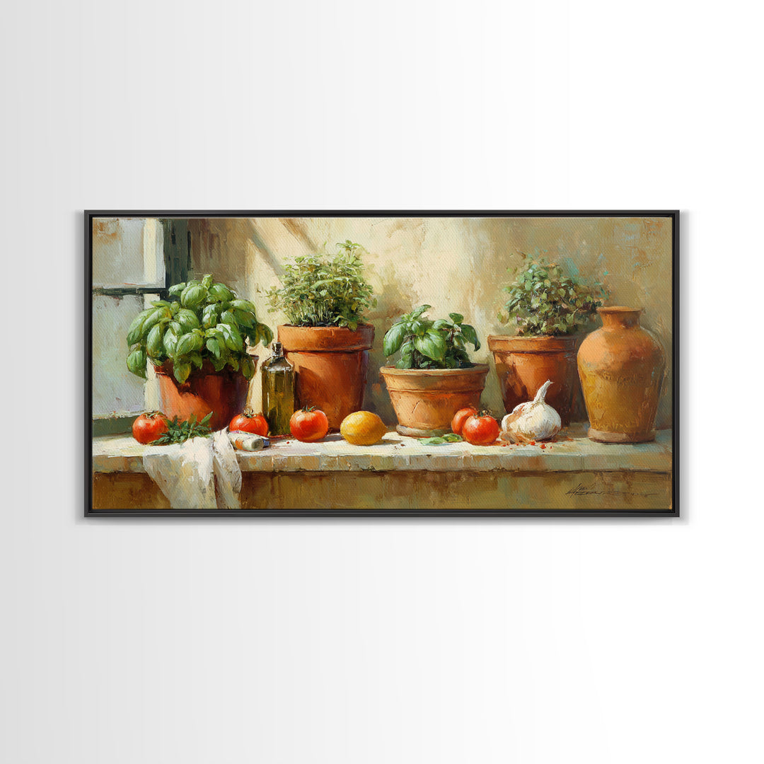 Fresh Herbs in Terracotta Pots Canvas Print, Kitchen Art, Wall Art, Kitchen Decor, Oil Painting, Kitchen, Kitchen Wall Art, KIT-2x1-21