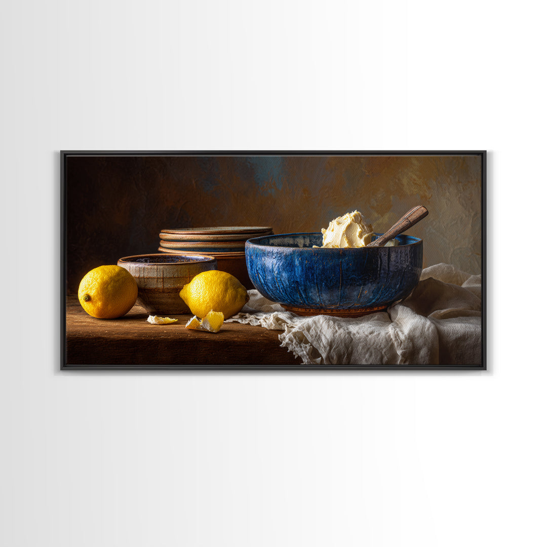 Lemons and Blue Ceramic Bowl Still Life Canvas Print, Kitchen Art, Boho Decor, Kitchen Decor, Fine Art, Kitchen, Wall Decor, KIT-2x1-22