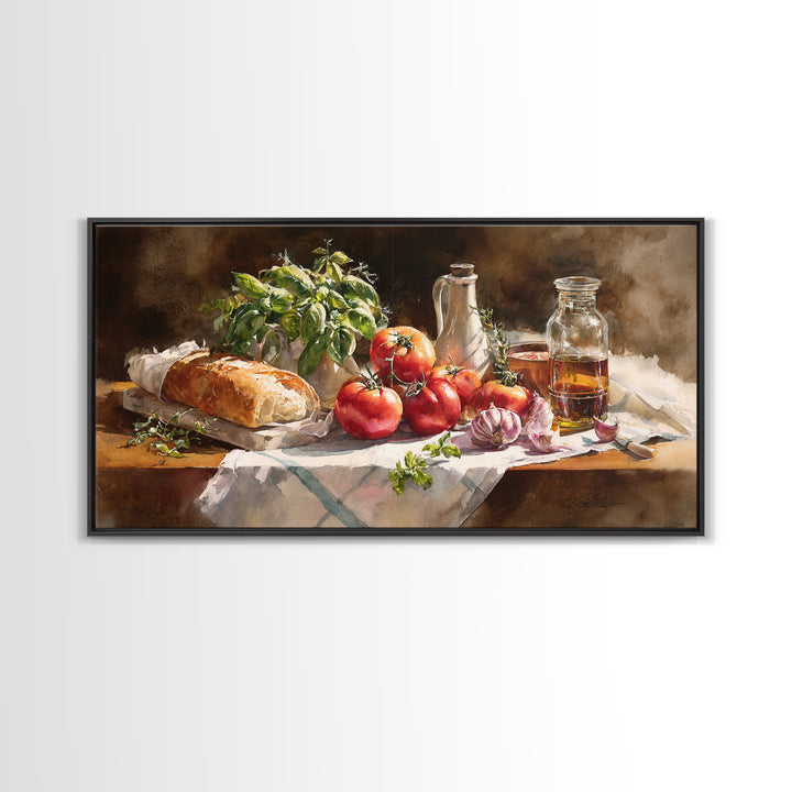Tomatoes Garlic and Basil on Linen Framed Canvas Print, Kitchen Art, Print, Kitchen Decor, Abstract Art, Kitchen, KIT-2x1-23