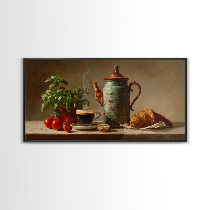 Coffee Pot and Croissant Morning Still Life Framed Canvas Print, Kitchen Art, Fine Art Print, Kitchen Decor, Oil Painting, KIT-2x1-27