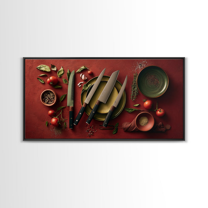 Chef Knives and Herbs Arranged as Graphic Framed Canvas Print, Kitchen Art, Luxury Decor, Kitchen Decor, Fine Art, Kitchen, KIT-2x1-30