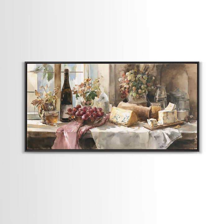 Wine Bottle Grapes and Cheese Still Life Canvas Print, Kitchen Art, Contemporary Art, Kitchen Decor, Oil Painting, Kitchen, KIT-2x1-32