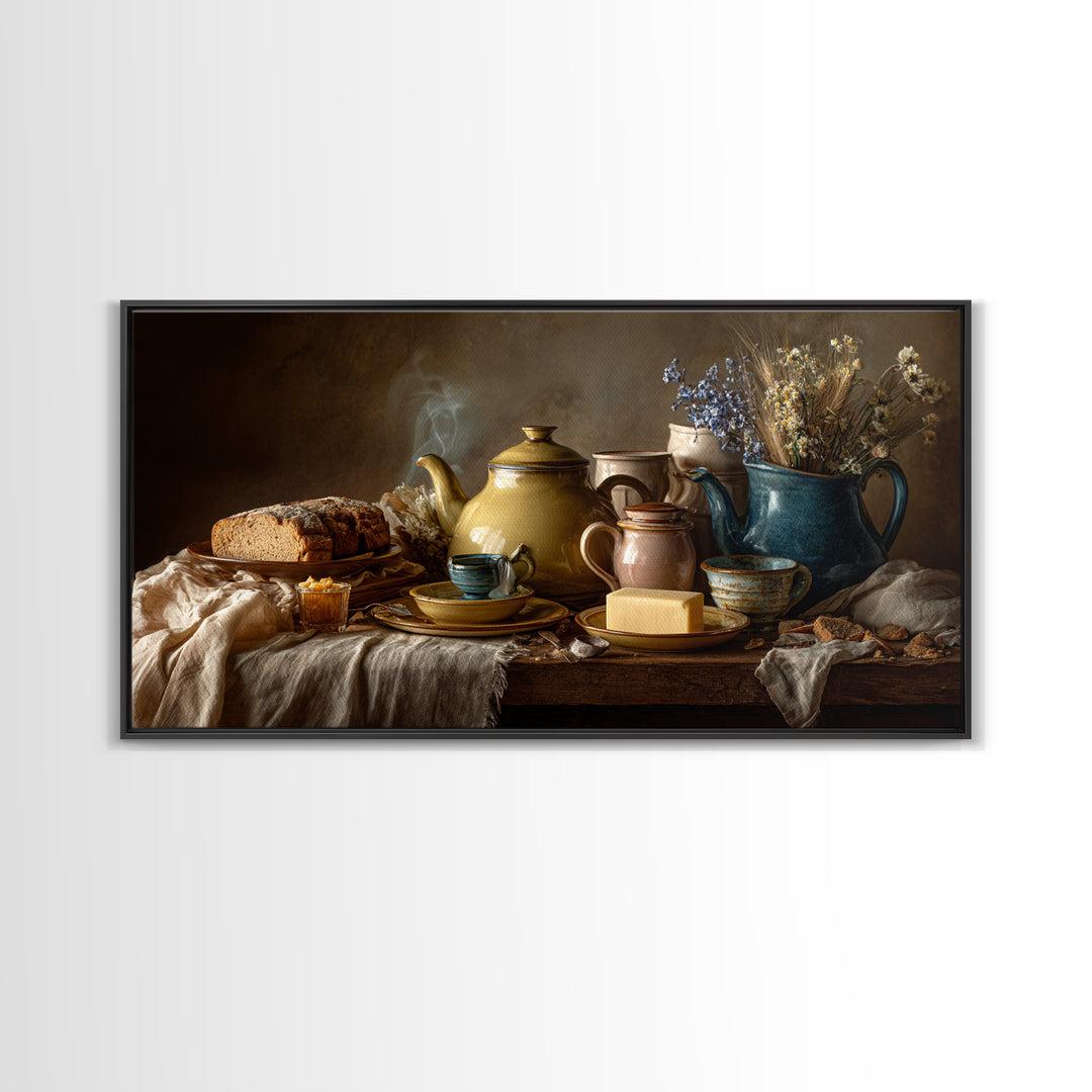 Tea Kettle with Steam and Wildflowers Framed Canvas Print, Kitchen Art, Art Print, Kitchen Decor, Watercolor Art, Kitchen, KIT-2x1-34