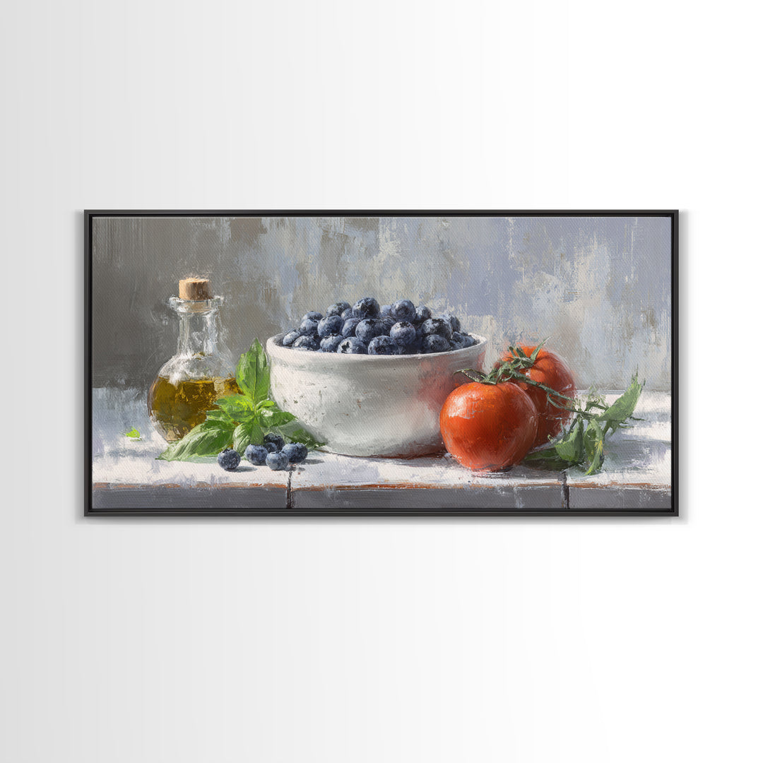 Blueberries in a White Bowl Canvas Print, Kitchen Art, Wall Decor, Kitchen Decor, Oil Painting, Kitchen, Kitchen Wall Decor, KIT-2x1-39