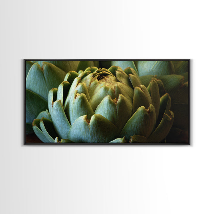 Artichoke Closeup in Painterly Green Tones Framed Canvas Print, Kitchen Art, Home Decor, Kitchen Decor, Fine Art, Kitchen, KIT-2x1-40