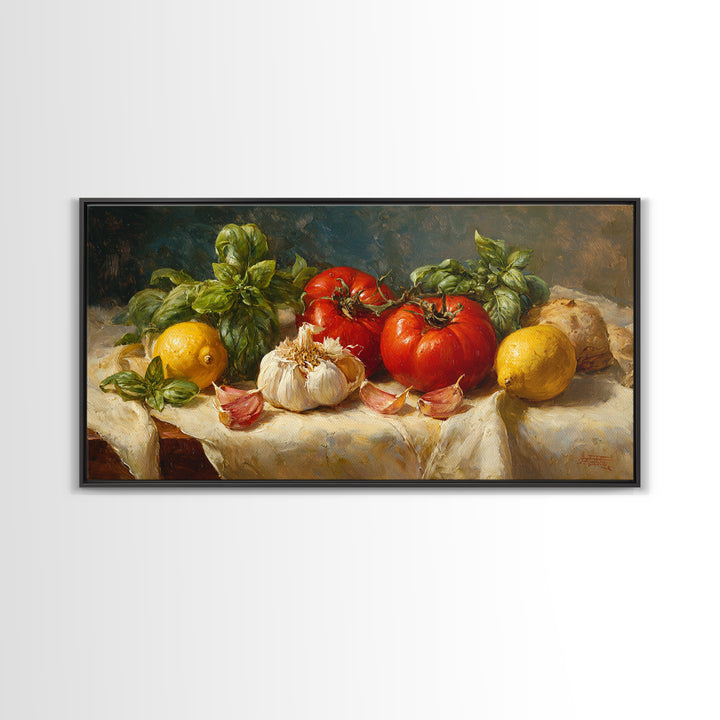 Tomatoes Garlic and Basil on Linen Canvas Print, Kitchen Art, Kitchen Decor, Abstract Art, Kitchen, Trendy Wall Art, KIT-2x1-47