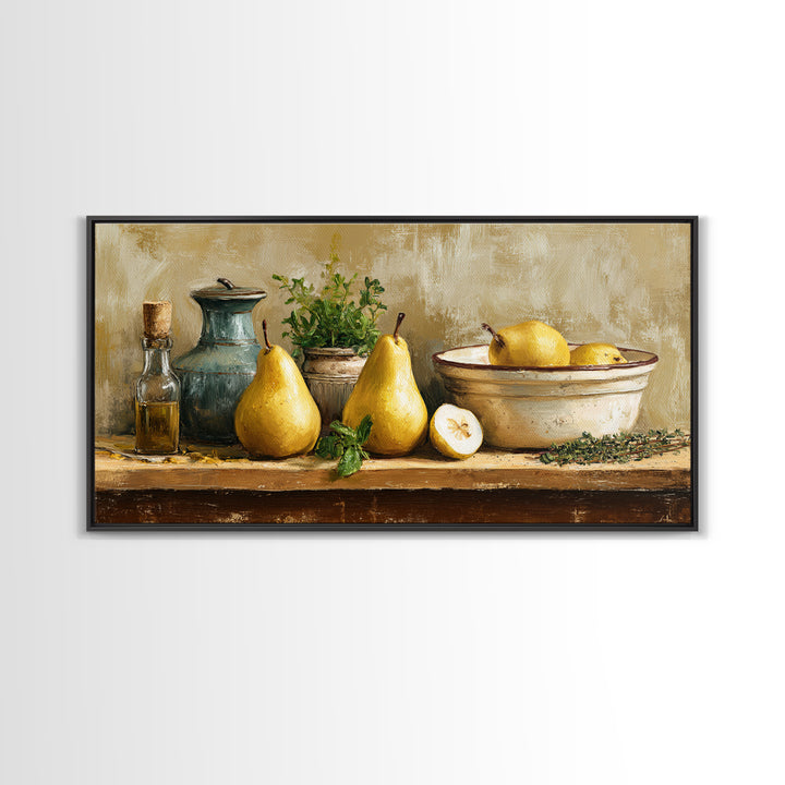 Farmhouse Pears on a Wooden Board Canvas Print, Kitchen Art, Digital Art, Kitchen Decor, Oil Painting, Kitchen, KIT-2x1-53