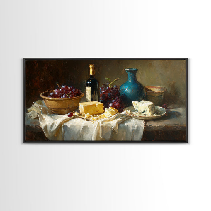 Wine Bottle Grapes and Cheese Still Life Framed Canvas Print, Kitchen Art, Prints, Kitchen Decor, Kitchen, Kitchen Wall Decor, KIT-2x1-56