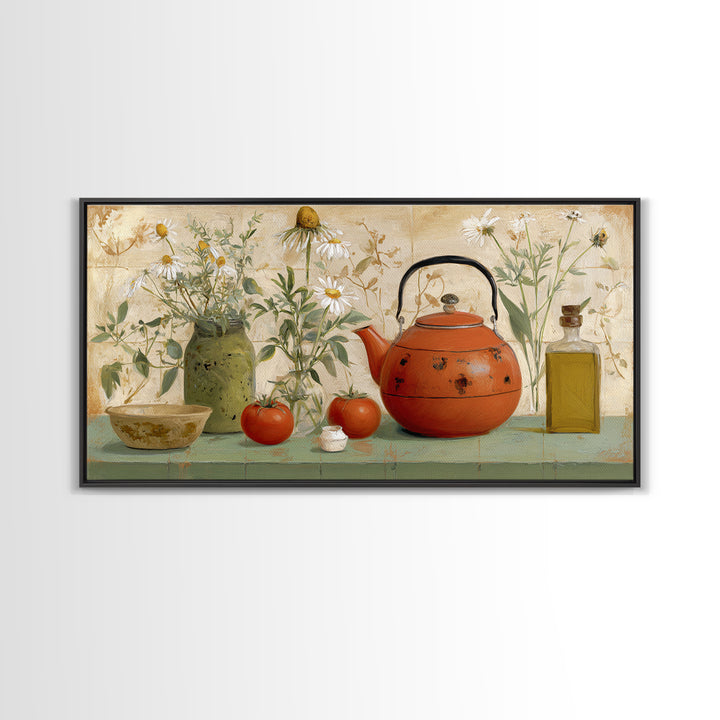Tea Kettle with Steam and Wildflowers Canvas Print, Kitchen Art, Wall Art, Kitchen Decor, Watercolor Art, Kitchen, KIT-2x1-58