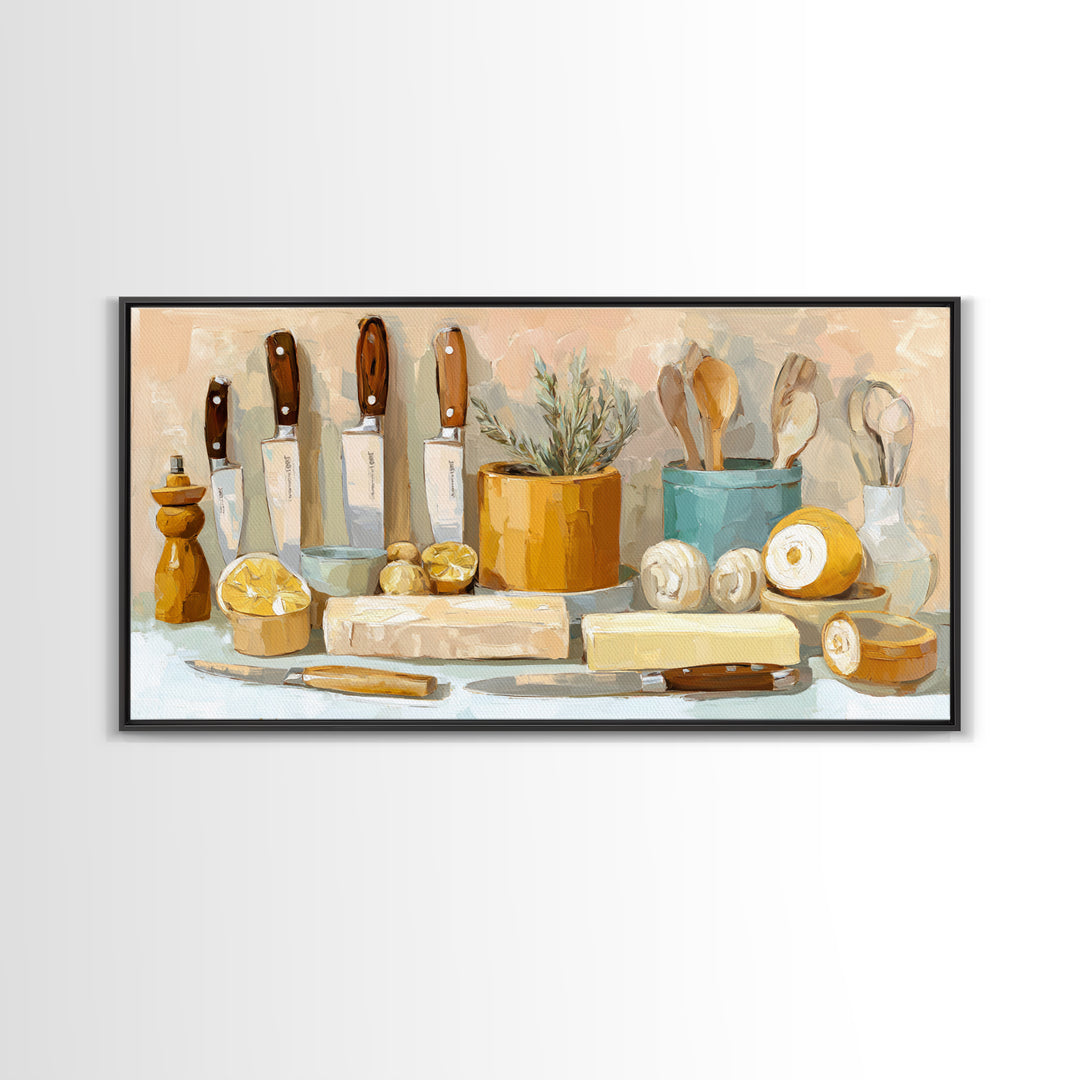Chef Knives and Herbs Arranged as Graphic Framed Canvas Print, Kitchen Art, Luxury Decor, Kitchen Decor, Fine Art, Kitchen, KIT-2x1-6