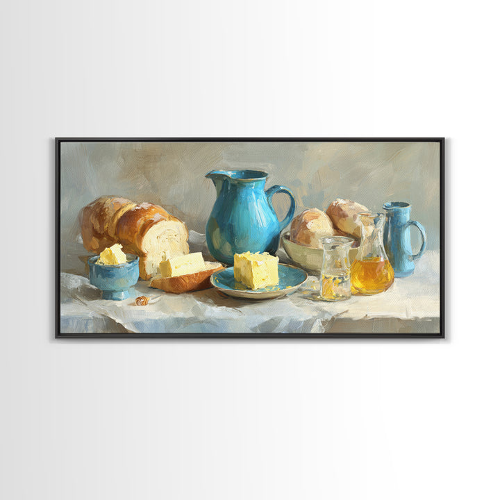 Fresh Bread with Butter and Honey Canvas Print, Kitchen Art, Room Decor, Kitchen Decor, Oil Painting, Kitchen, Digital Art, KIT-2x1-62