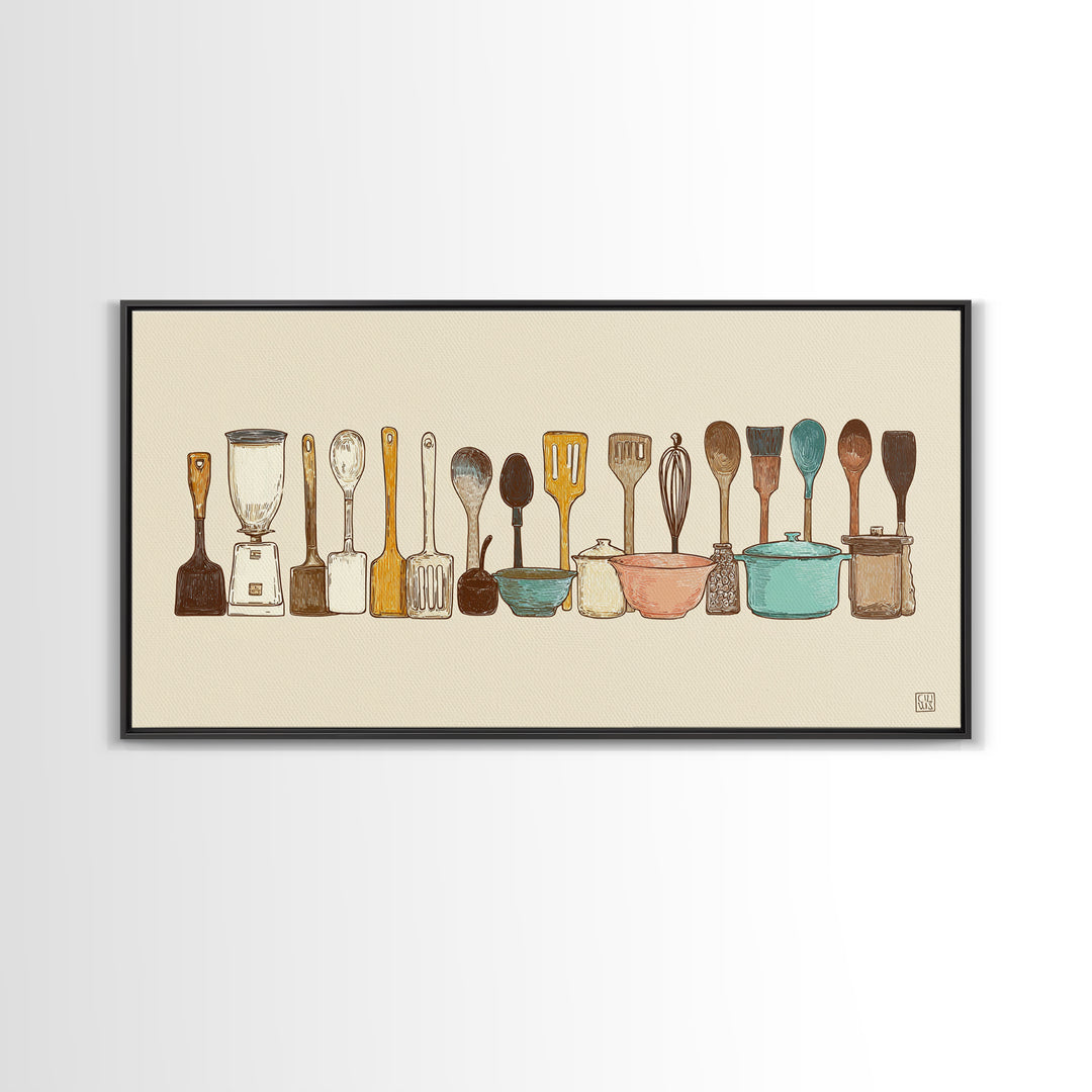Kitchen Utensil Silhouettes Framed Canvas Print, Kitchen Art, Prints, Kitchen Decor, Fine Art, Kitchen, Kitchen Wall Decor, KIT-2x1-65