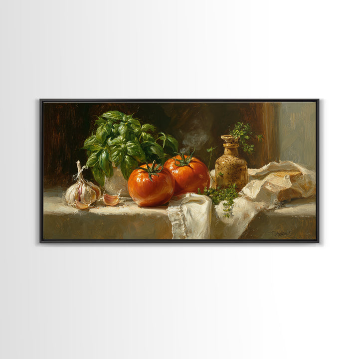 Tomatoes Garlic and Basil on Linen Canvas Print, Kitchen Art, Poster Art, Kitchen Decor, Fine Art, Kitchen, Boho Decor, KIT-2x1-71