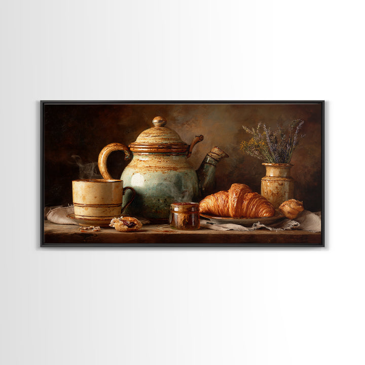 Coffee Pot and Croissant Morning Still Life Framed Canvas Print, Kitchen Art, Boho Decor, Kitchen Decor, Fine Art, Kitchen, KIT-2x1-75