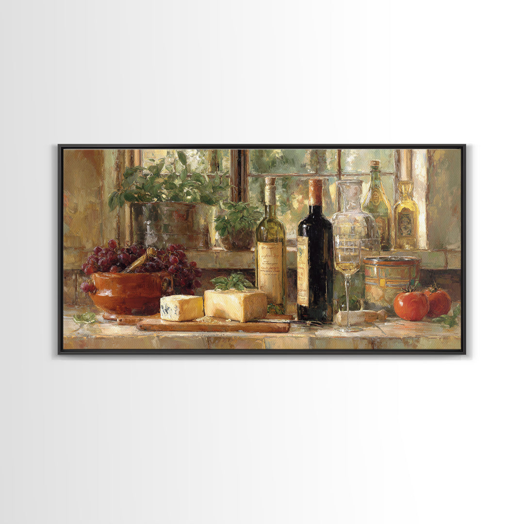 Wine Bottle Grapes and Cheese Still Life Framed Canvas Print, Kitchen Art, Kitchen Decor, Fine Art, Kitchen, Kitchen Art Print, KIT-2x1-80
