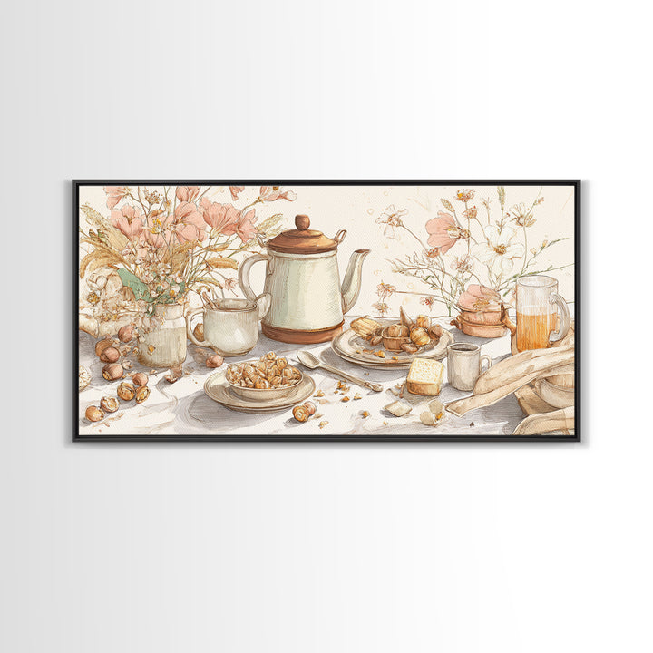 Tea Kettle with Steam and Wildflowers Canvas Print, Kitchen Art, Wall Art, Kitchen Decor, Watercolor Art, Kitchen, KIT-2x1-82