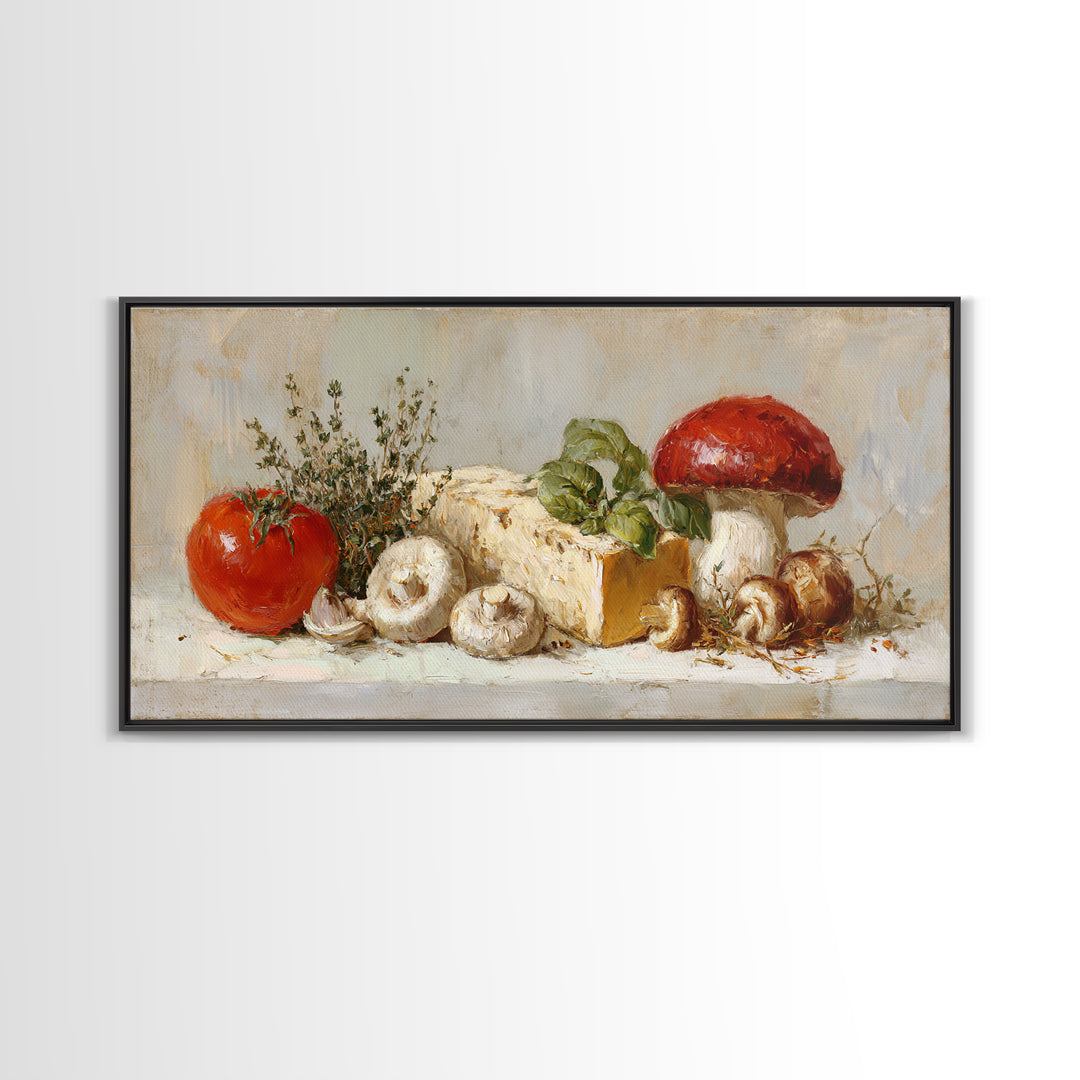 Mushrooms and Thyme Botanical Study Framed Canvas Print, Kitchen Art, Contemporary Art, Kitchen Decor, Oil Painting, Kitchen, KIT-2x1-83