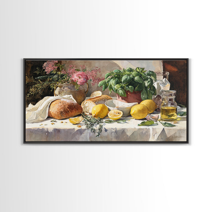 Pasta Lemons and Basil Mediterranean Still Life Framed Canvas Print, Kitchen Art, Digital Wall Art, Kitchen Decor, Kitchen, KIT-2x1-85